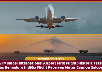 Water cannon salute welcoming the first commercial flight at Navi Mumbai International Airport