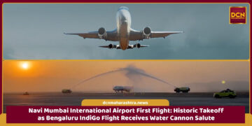 Water cannon salute welcoming the first commercial flight at Navi Mumbai International Airport