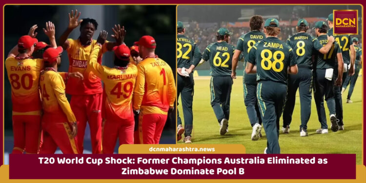 T20 World Cup match showing Zimbabwe celebrating after topping Pool B as Australia exit before Super 8