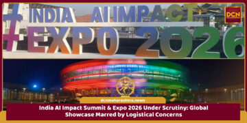 India AI Impact Summit 2026 at Bharat Mandapam with crowded entry queues and startup booths