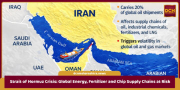 Strait of Hormuz Crisis showing oil tankers waiting near the narrow shipping passage